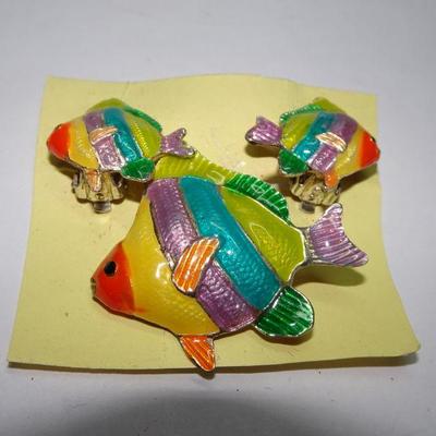 Rainbow Fish Brooch & Clip On Earrings, Nautical Beach Jewelry 