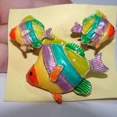 Rainbow Fish Brooch & Clip On Earrings, Nautical Beach Jewelry 