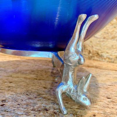 LOT 60  COBALT BLUE DECORATIVE GLASS BOWL SILVER TONE RABBIT BASE