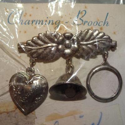 18K Gold Plated Charming Brooch, Heart, Bell & Ring Pendant 