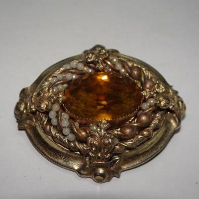 Victorian Gold Plated Brooch Pin, Gold Rhinestone 