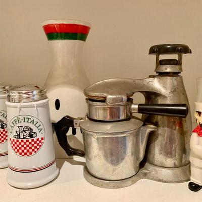 LOT 70  VINTAGE EXPRESSO MAKER w/ITALIAN THEME KITCHEN ITEMS