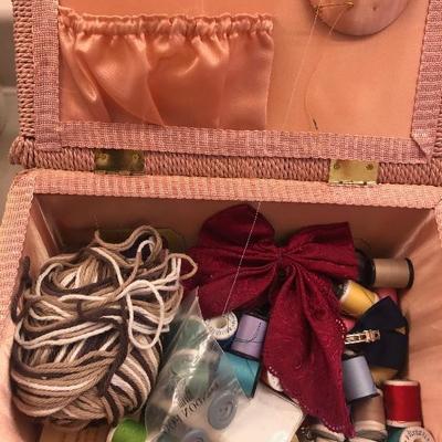 #178 Vintage sewing box with thread and some supplies