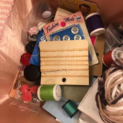 #178 Vintage sewing box with thread and some supplies