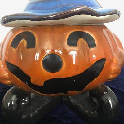 #199 Pumpkin candy jar with witches hat. 