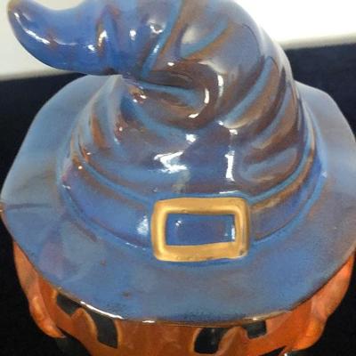 #199 Pumpkin candy jar with witches hat. 