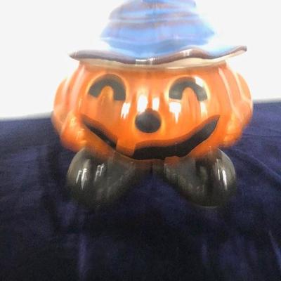 #199 Pumpkin candy jar with witches hat. 