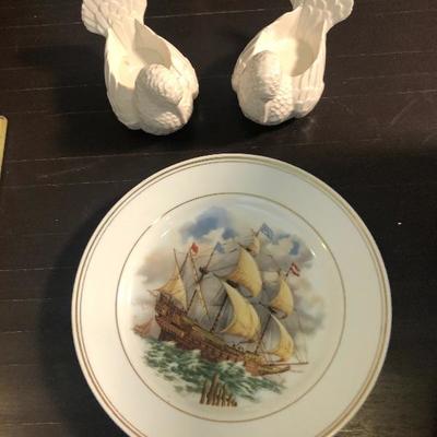 #215 Glass Bundle  Ship plate and bird candle holders