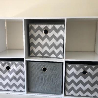 #223 White 6 cubby storage with gray chevron bins