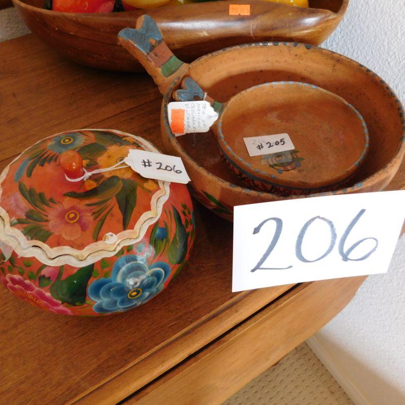 Lot 206 vintage Mexican pottery two bowls with handles and handpainted