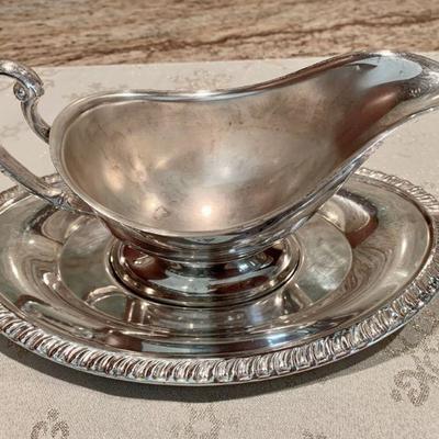 LOT 86  SILVER PLATE GRAVY BOAT & SILVER PLATE COVERED BUTTER DISH