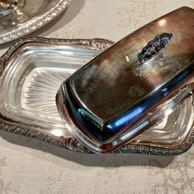 LOT 86  SILVER PLATE GRAVY BOAT & SILVER PLATE COVERED BUTTER DISH