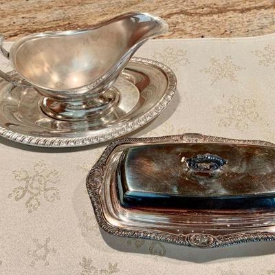 LOT 86  SILVER PLATE GRAVY BOAT & SILVER PLATE COVERED BUTTER DISH