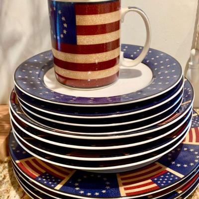 LOT 106 PATRIOTIC GROUP OF AMERICANA SET OF DISHES SIGNS STAR LIGHTS ETC.