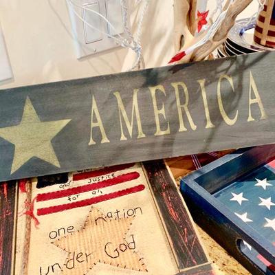 LOT 106 PATRIOTIC GROUP OF AMERICANA SET OF DISHES SIGNS STAR LIGHTS ETC.
