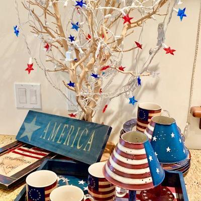 LOT 106 PATRIOTIC GROUP OF AMERICANA SET OF DISHES SIGNS STAR LIGHTS ETC.