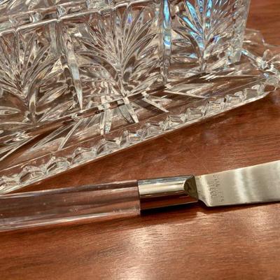 LOT 110  CUT CRYSTAL FANCY COVERED BUTTER DISH w/SPREADER