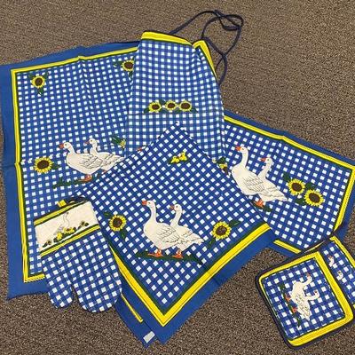 Blue Gingham Geese and Sunflowers Kitchen Linens