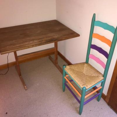 Lot #17 Mid Century Table and Painted Ladder Back Chair and Stool