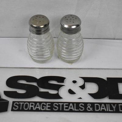 Glass Salt & Pepper Shakers, Beehive Shape, 2 oz each, SS Toppers - New