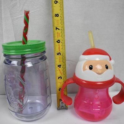6 Christmas Theme Cups with Lids & Straws - New