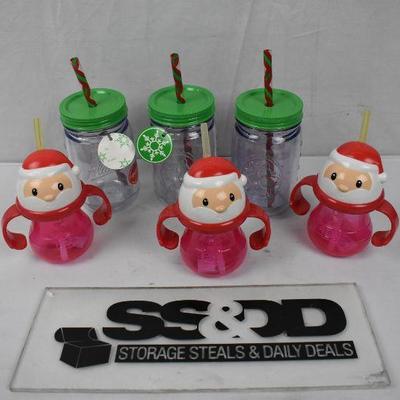 6 Christmas Theme Cups with Lids & Straws - New