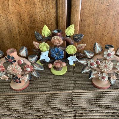 LOT 124  MEXICAN CLAY CANDLE HOLDERS FOLKART