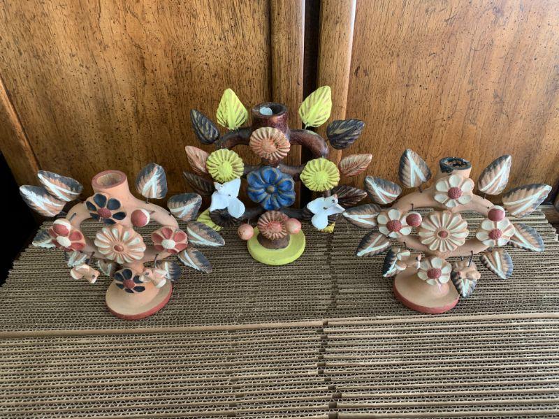 LOT 124 MEXICAN CLAY CANDLE HOLDERS FOLKART
