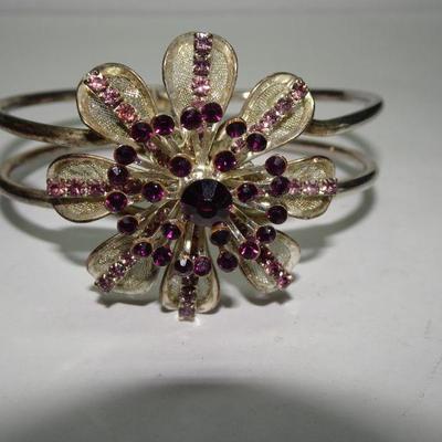 Mid Century Cuff Rhinestone Flower Bracelet, Purple Flowered Rhinestones 