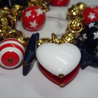 Red White Blue Chunky Patriotic Bracelet, Gold tone 