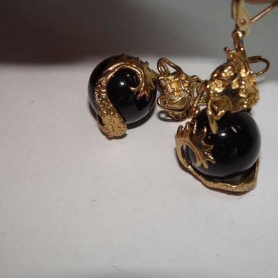 Gold Plated Dragon Marble Earrings 