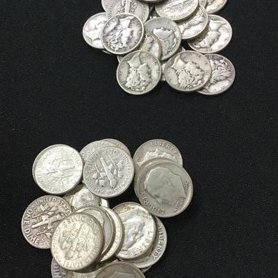 Lot of 45 Silver dimes - 22 x Mercury 23 x Roosevelt 