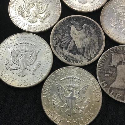 Lot of 7 Silver half Dollars - Kennedy Walking Liberty Franklin - 50c