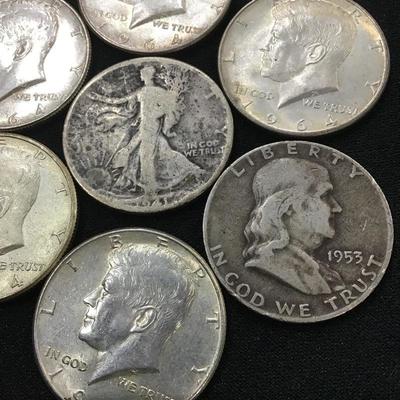 Lot of 7 Silver half Dollars - Kennedy Walking Liberty Franklin - 50c