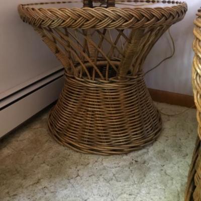 Lot #45 Pair of Round Glass Top Wicker Tables with Bamboo Lamp