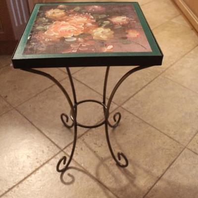 Small Table with Painted Top and Wrought Iron Base