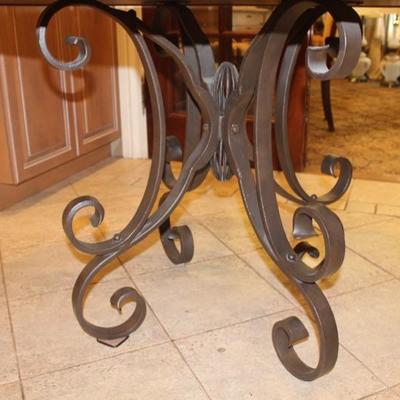 Iron Scroll Table Base with Custom 52â€ Parquet Top 