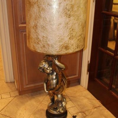 Heavy Steel Figural Cherub Lamp with Shade
