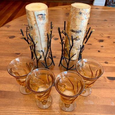 LOT 175  GROUP OF FAUX BIRCH LOG CANDLES & AMBER WATER GLASSES