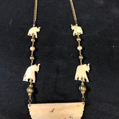 Vintage Carved Elephant Necklace and Earrings Set
