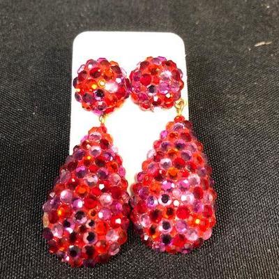 Designer Richard Kerr Red Pave Rhinestone Bedazzled Dangle Earrings