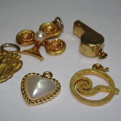 Gold Tone Pendant & Charm Lot, Whistle, Clover, Heart, Gucci and Letter J