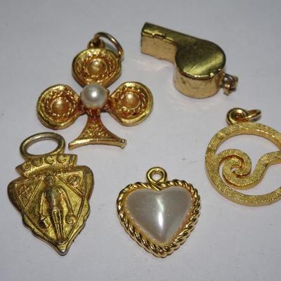 Gold Tone Pendant & Charm Lot, Whistle, Clover, Heart, Gucci and Letter J