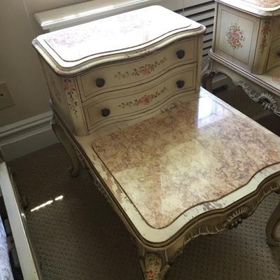 Pair Antique French Provincial Style Nightstands Marble Tops 