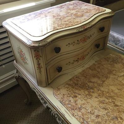 Pair Antique French Provincial Style Nightstands Marble Tops 