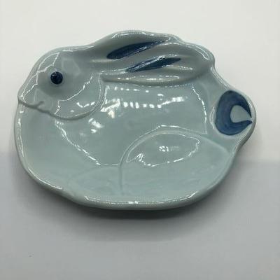 Celadon Style Rabbit Trinket Bowl Dish Plate