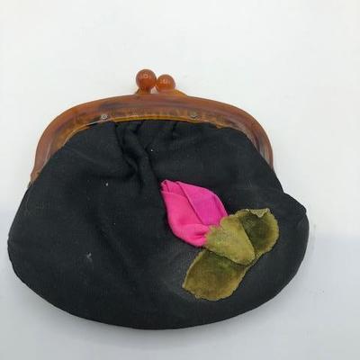 Vintage Coin Purse Black with Pink Rose