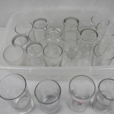 Clear Bin of Small Glass Glasses, Qty 20, Various Shapes. Plain except 1 
