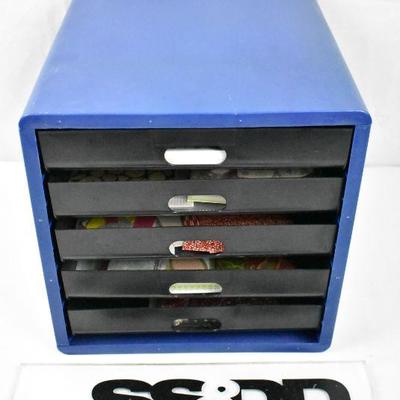 5 Drawer Blue/Black Paper organizer with Misc Craft Items inside
