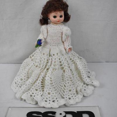 Brunette Doll with Blue Eyes & White Dress. Plastic. Includes Stand